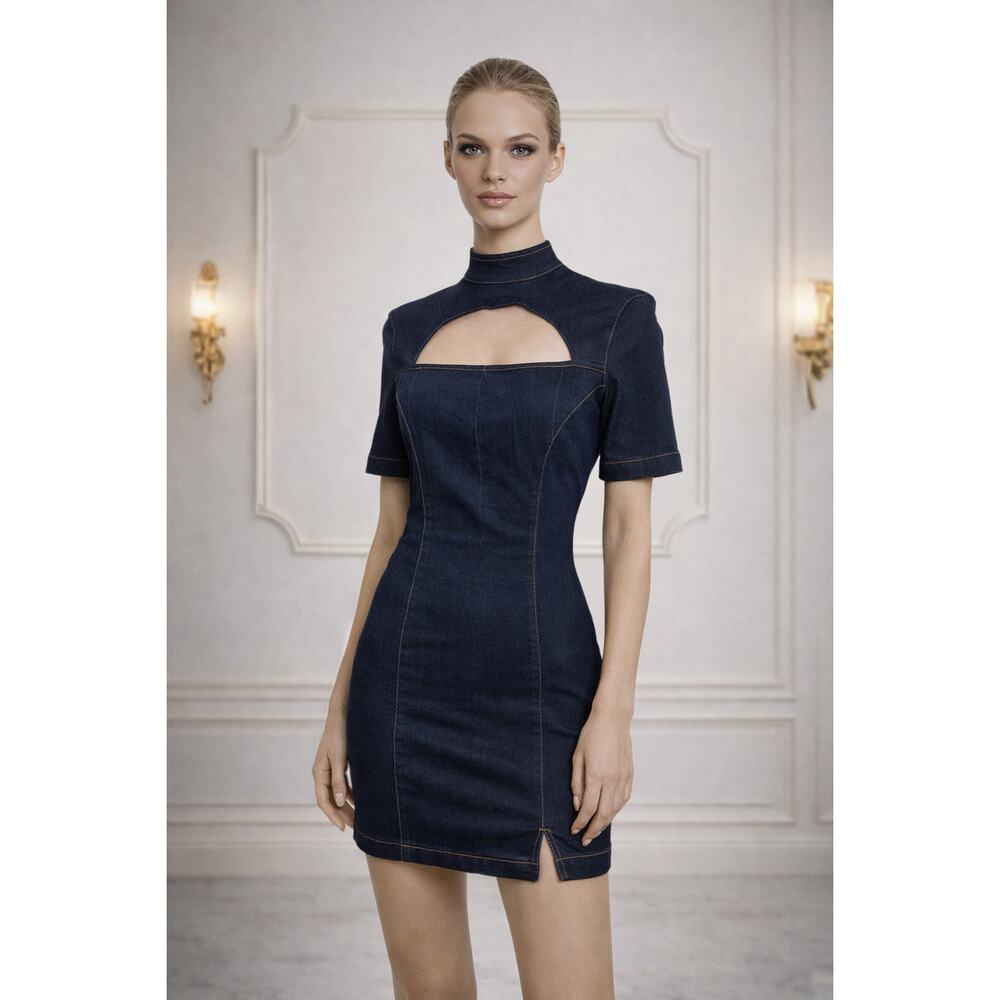 💙 Topshop Denim Cutout Bodycon Mini Dress – Chic Mock Neck Statement 💙